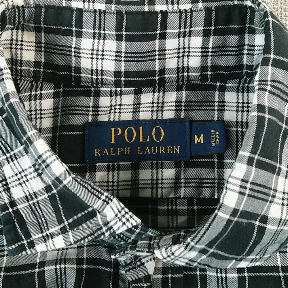 Polo Ralph Lauren Button Down Shirt Mens Medium Black White Plaid Long Sleeve